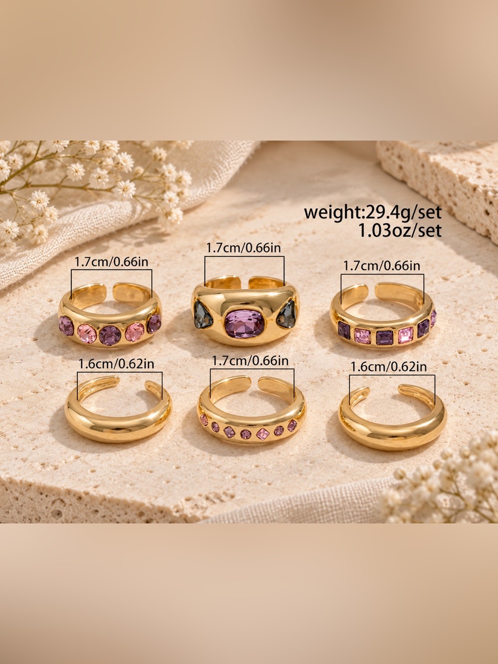 Gold-Plated Pink Stone Stackable Rings - Picture 2 of 3